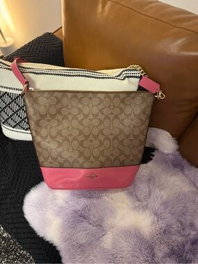 Coach Brown Signature Canvas Shoulder Bag/ crossbody  with Pink Leather Trim